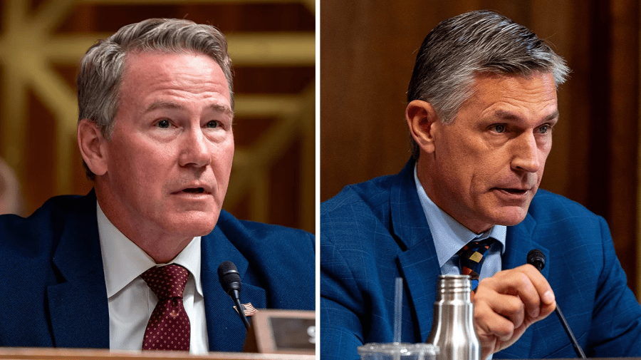Two U.S. senators speak at separate committee microphones in a side-by-side photograph.