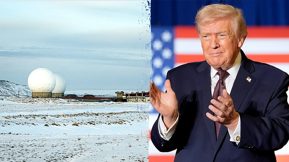The white radomes of the U.S. Pituffik Space Base in Greenland beside a portrait of President Trump.