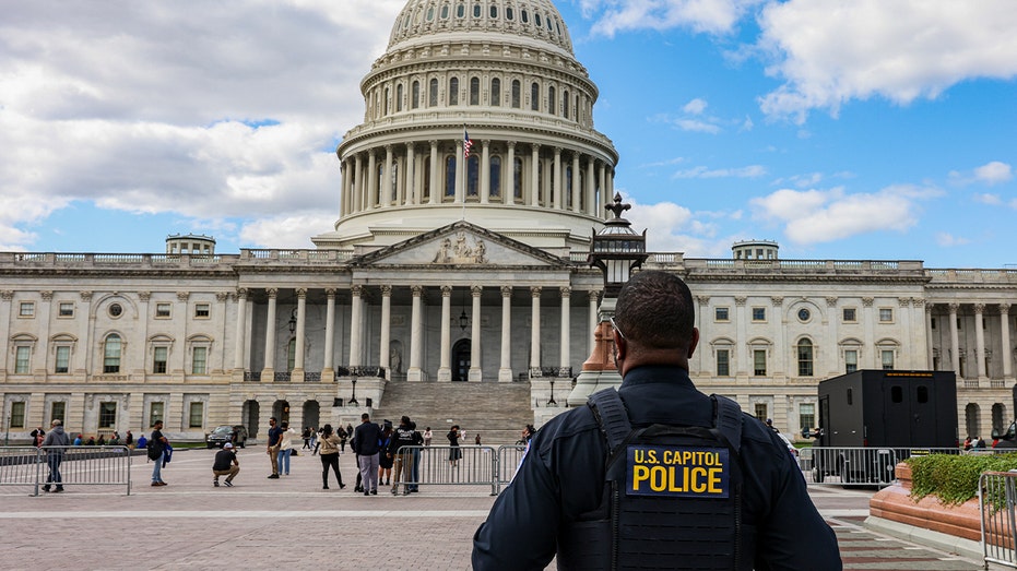 A U.S. Capitol Police officer, seen from behind, stands facing the Capitol, with visitors and metal barricades in the plaza ahead.