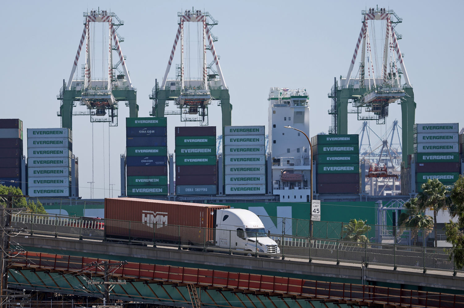 A truck carries a shipping container along an elevated roadway in front of a container ship and towering port cranes.